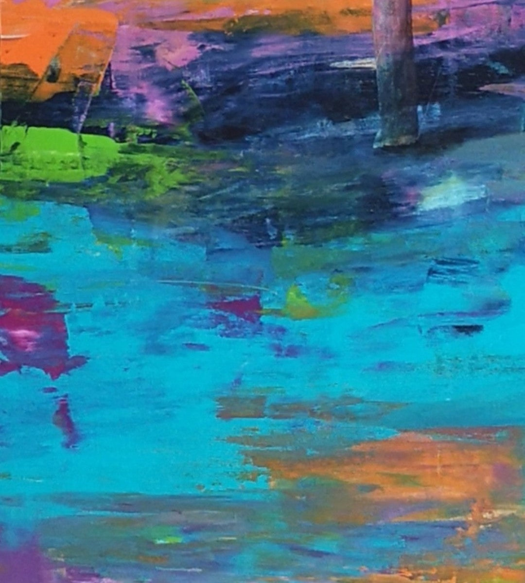 Quadratisches Acrylbild Let‘s have a walk. Baumstämme vor einem leuchtenden Hintergrund aus Türkis, Orange und Gelb. Abstrakte, optimistische Waldkomposition.