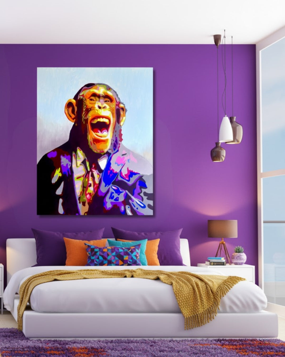 Pop-Art-Kunstwerk „Karl“ von Sabine Hoch-Himmighofen – lachender Affe im Anzug als Fine Art Print oder Leinwandbild.