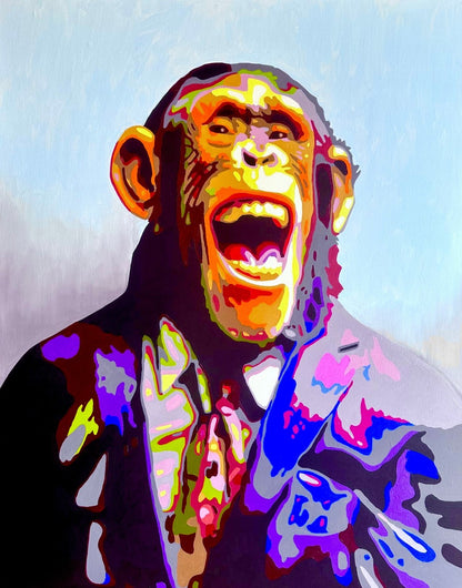 Pop-Art-Kunstwerk „Karl“ von Sabine Hoch-Himmighofen – lachender Affe im Anzug als Fine Art Print oder Leinwandbild.