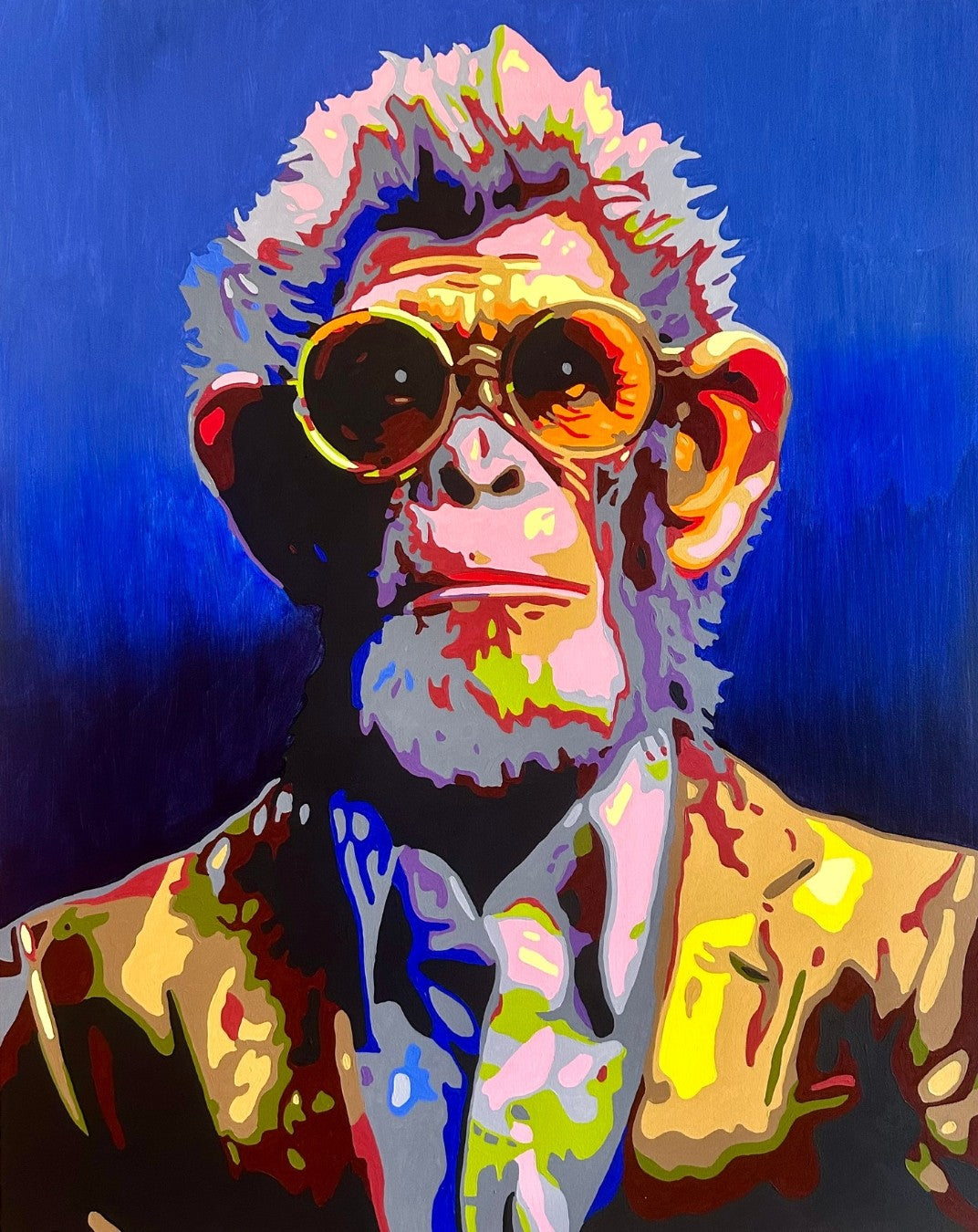 Kunstwerk „Konrad“ von Sabine Hoch-Himmighofen – Business-Pop-Art-Affe als Fine Art Print oder Leinwand-Digigrafie.