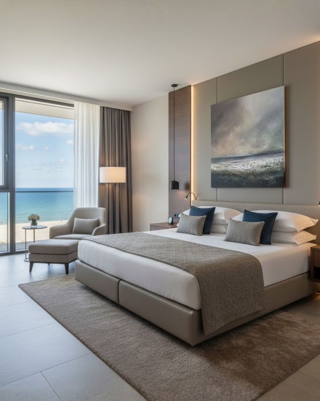 Abstraktes Mixed Media Gemälde "Kwade Hoek 2" von Sabine Hoch-Himmighofen, expressive Meereslandschaft mit Struktur und dunklen Tönen, 60x60 cm.