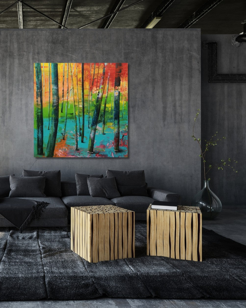 Quadratisches Acrylbild Let‘s have a walk. Baumstämme vor einem leuchtenden Hintergrund aus Türkis, Orange und Gelb. Abstrakte, optimistische Waldkomposition.