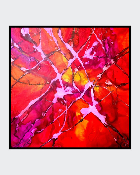 Abstraktes Acrylbild in Rot-, Pink- und Gelbtönen mit schwarzen Linien, „Over the red“ von Sabine Hoch-Himmighofen.