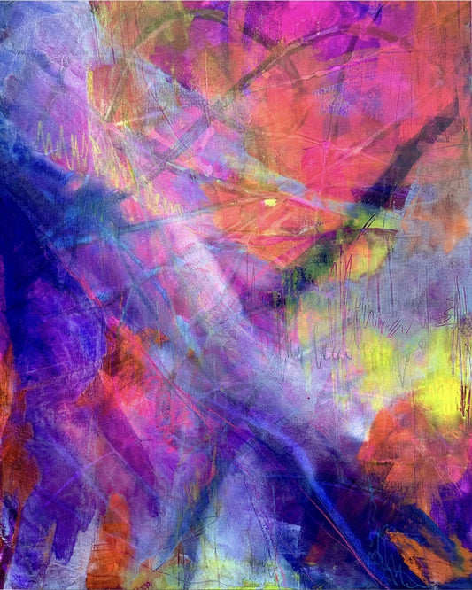 Abstraktes Acrylbild in Violett- und Blautönen mit feinen Netzstrukturen, Werk „Purple veil“ von Sabine Hoch-Himmighofen.