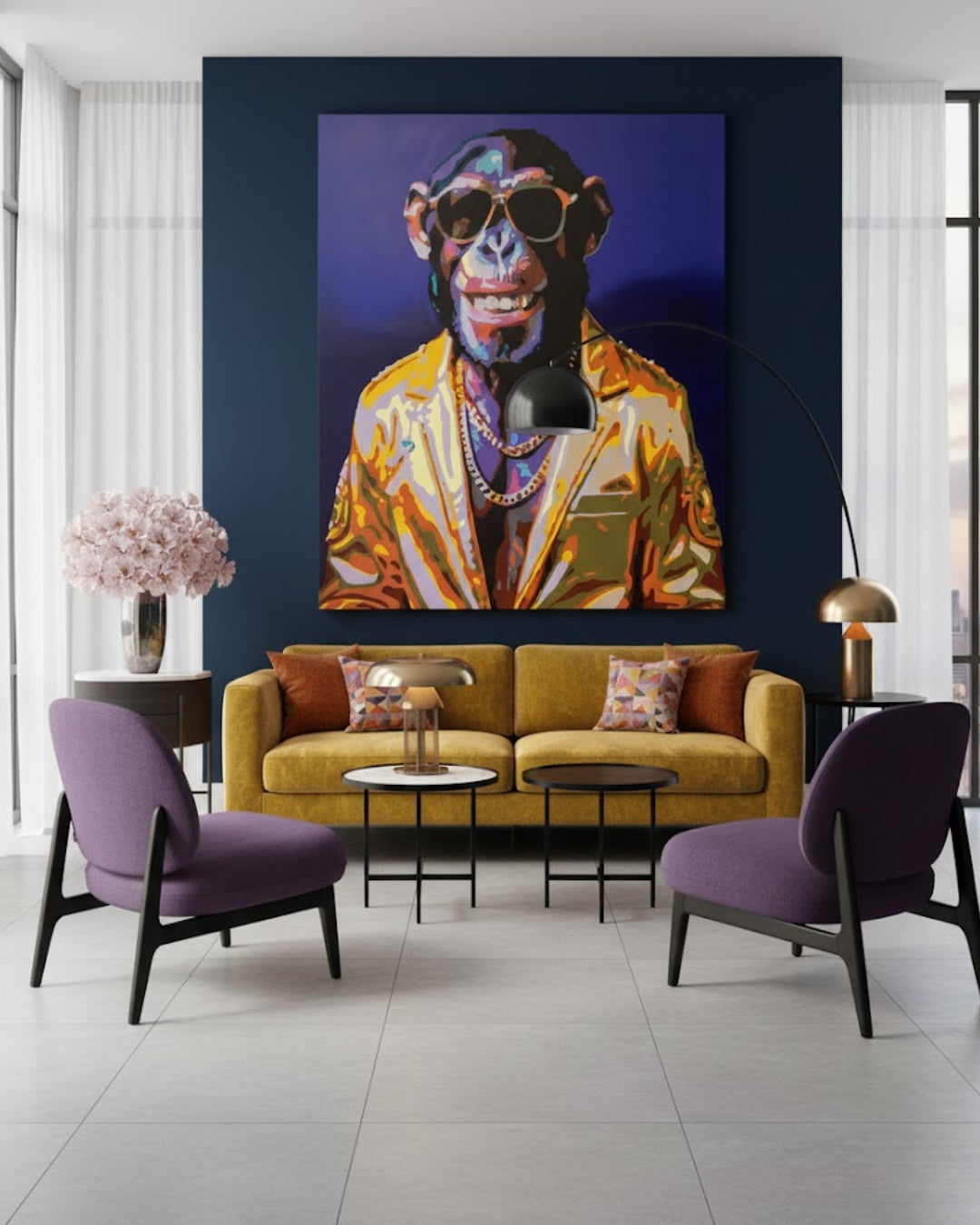 Kunstwerk „Robbie“ von Sabine Hoch-Himmighofen – cooler Pop-Art-Affe mit goldener Jacke als Fine Art Print oder Leinwandbild.
