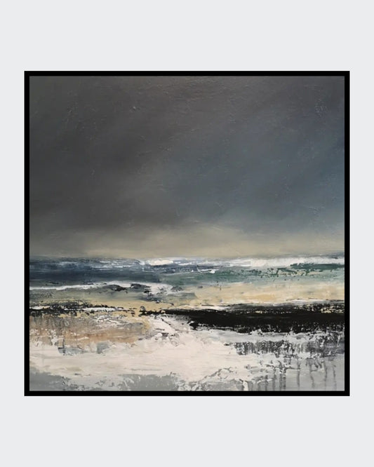 Abstraktes Acrylgemälde "Stormy times" von Sabine Hoch-Himmighofen, stürmische Meereslandschaft mit dunklem Himmel und aufgewühlter See, 60x60 cm.