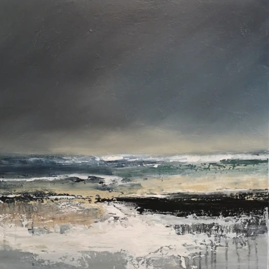 Abstraktes Acrylgemälde "Stormy times" von Sabine Hoch-Himmighofen, stürmische Meereslandschaft mit dunklem Himmel und aufgewühlter See, 60x60 cm.