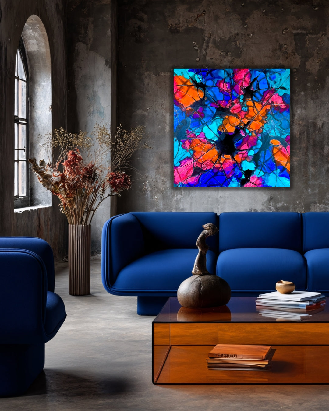 Abstraktes Gemälde „Vernetze 2“ von Sabine Hoch-Himmighofen in leuchtendem Blau, Orange und Pink. Schwarze, netzartige Strukturen, die einem Nervensystem ähneln, durchziehen dynamisch die hellen Farbfelder und erzeugen eine hohe visuelle Energie.