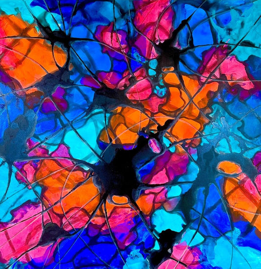 Abstraktes Gemälde „Vernetze 2“ von Sabine Hoch-Himmighofen in leuchtendem Blau, Orange und Pink. Schwarze, netzartige Strukturen, die einem Nervensystem ähneln, durchziehen dynamisch die hellen Farbfelder und erzeugen eine hohe visuelle Energie.