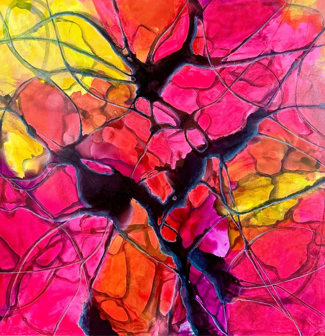 Abstraktes Gemälde „Vernetzt 3“ von Sabine Hoch-Himmighofen in leuchtendem Pink, warmem Gelb und Orange. Dicke schwarze Linien und Flecken, die an ein verzweigtes Nervensystem erinnern, durchziehen dynamisch die hellen Farbfelder. Das Bild wirkt energiegeladen und strahlt Bewegung aus.