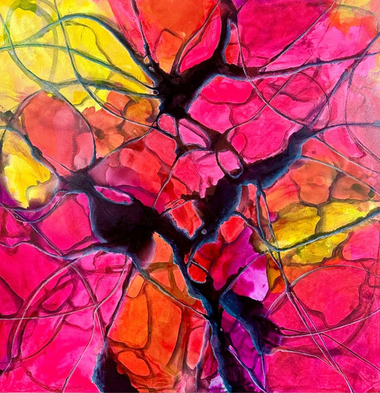 Abstraktes Gemälde „Vernetzt 3“ von Sabine Hoch-Himmighofen in leuchtendem Pink, warmem Gelb und Orange. Dicke schwarze Linien und Flecken, die an ein verzweigtes Nervensystem erinnern, durchziehen dynamisch die hellen Farbfelder. Das Bild wirkt energiegeladen und strahlt Bewegung aus.