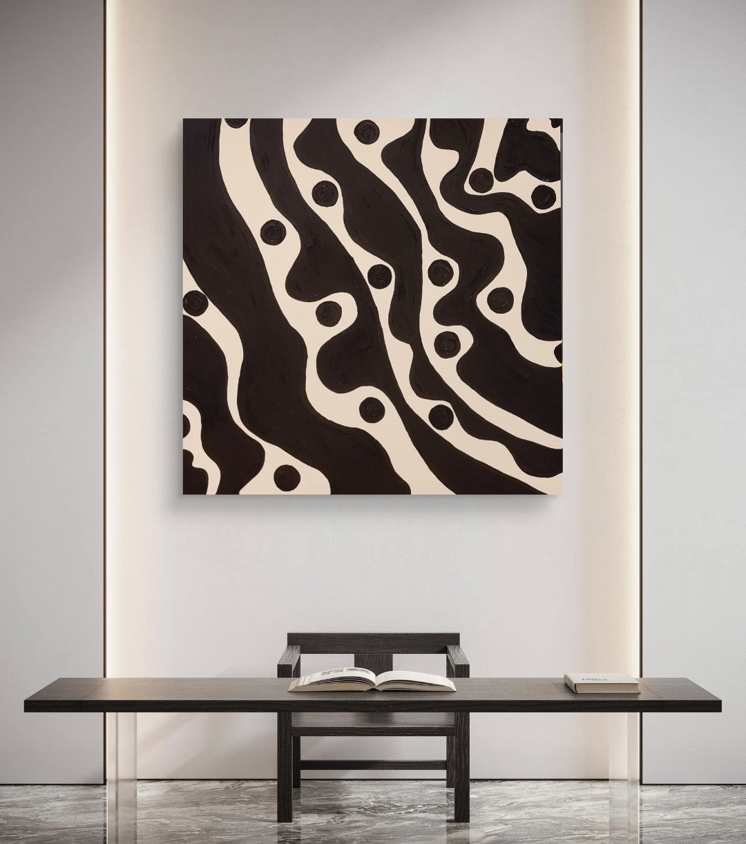 Abstraktes Acrylgemälde in Schwarz-Weiß mit organisch geschwungenen schwarzen Formen und runden Punkten auf hellem Hintergrund, quadratisches Format 80 x 80 cm.