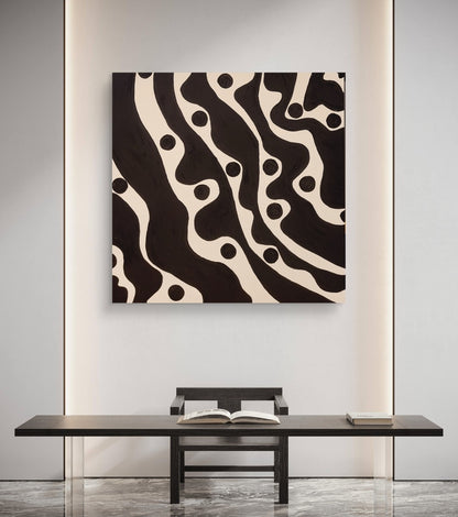 Abstraktes Acrylgemälde in Schwarz-Weiß mit organisch geschwungenen schwarzen Formen und runden Punkten auf hellem Hintergrund, quadratisches Format 80 x 80 cm.