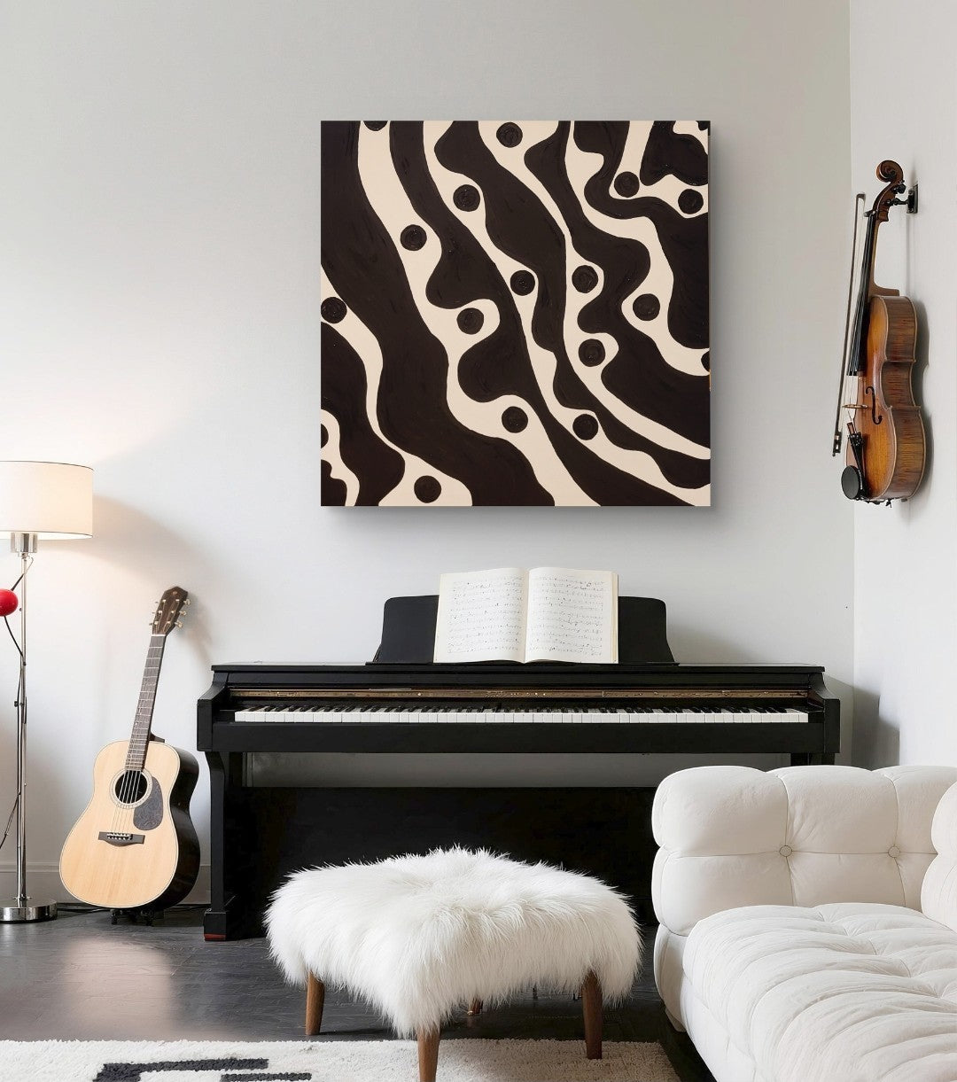 Abstraktes Acrylgemälde in Schwarz-Weiß mit organisch geschwungenen schwarzen Formen und runden Punkten auf hellem Hintergrund, quadratisches Format 80 x 80 cm.