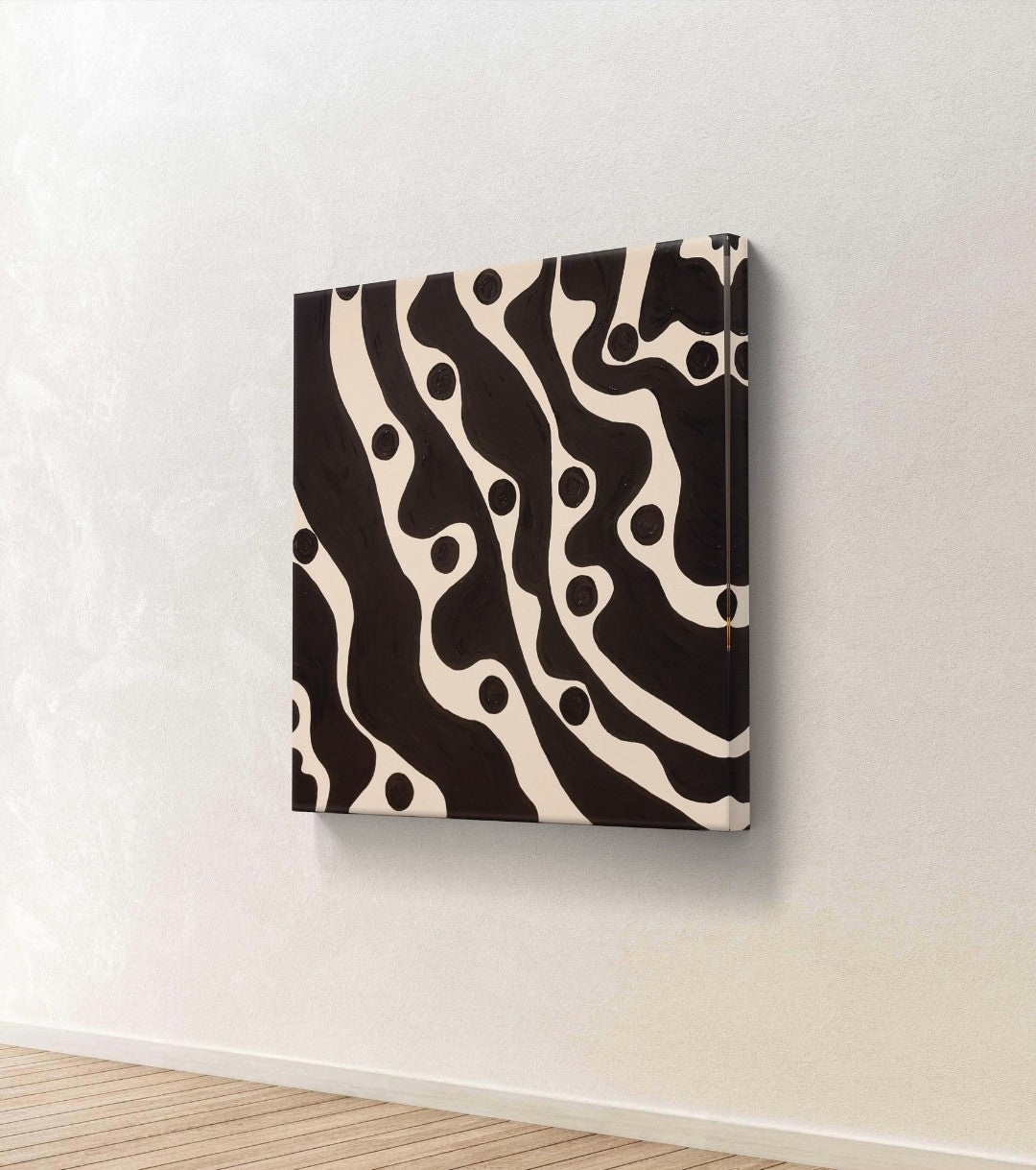 Abstraktes Acrylgemälde in Schwarz-Weiß mit organisch geschwungenen schwarzen Formen und runden Punkten auf hellem Hintergrund, quadratisches Format 80 x 80 cm.