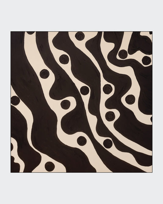 Abstraktes Acrylgemälde in Schwarz-Weiß mit organisch geschwungenen schwarzen Formen und runden Punkten auf hellem Hintergrund, quadratisches Format 80 x 80 cm.