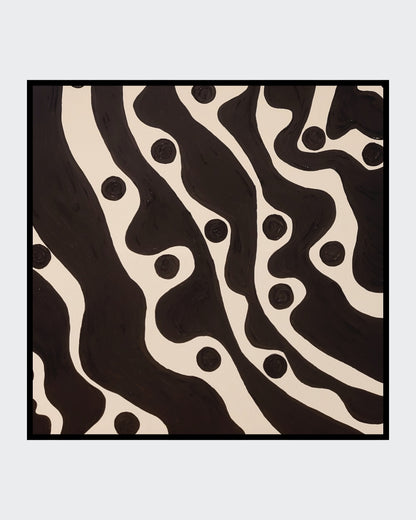 Abstraktes Acrylgemälde in Schwarz-Weiß mit organisch geschwungenen schwarzen Formen und runden Punkten auf hellem Hintergrund, quadratisches Format 80 x 80 cm.