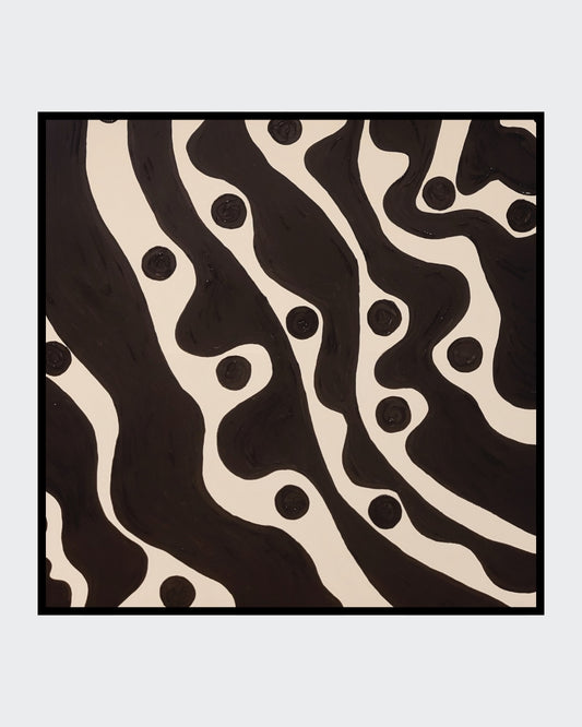 Abstraktes Acrylgemälde in Schwarz-Weiß mit organisch geschwungenen schwarzen Formen und runden Punkten auf hellem Hintergrund, quadratisches Format 80 x 80 cm.