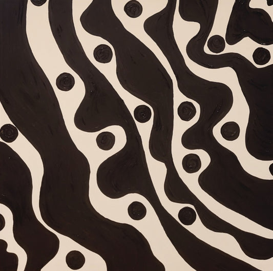 Abstraktes Acrylgemälde in Schwarz-Weiß mit organisch geschwungenen schwarzen Formen und runden Punkten auf hellem Hintergrund, quadratisches Format 80 x 80 cm.