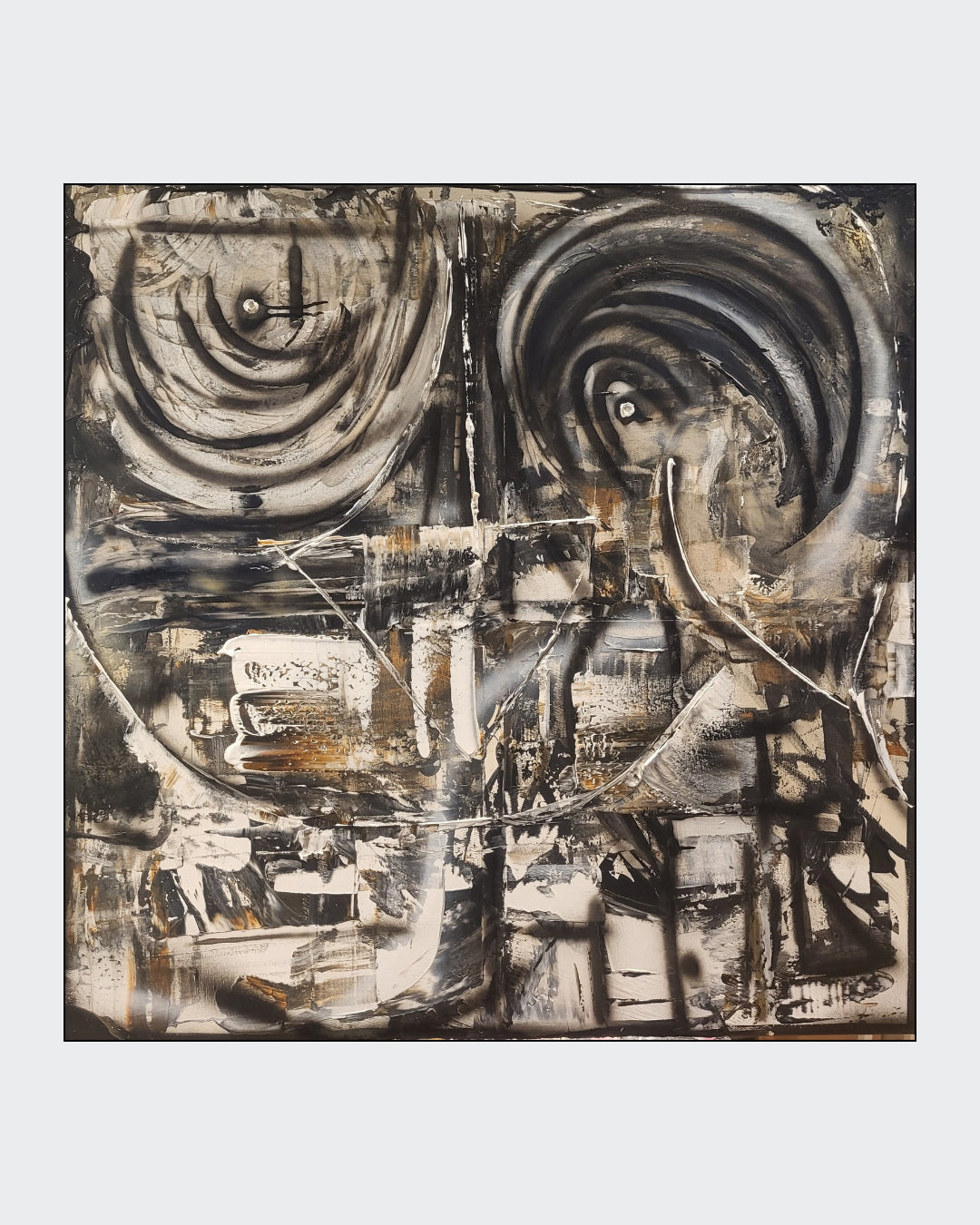 Quadratische Acryl-Mischtechnik „Die Perfektion in vielen Teilen“ von Sandra Conrad mit Kreisen, geometrischen Formen und Strukturen in Schwarz, Weiß und Gold.