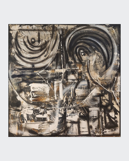 Quadratische Acryl-Mischtechnik „Die Perfektion in vielen Teilen“ von Sandra Conrad mit Kreisen, geometrischen Formen und Strukturen in Schwarz, Weiß und Gold.