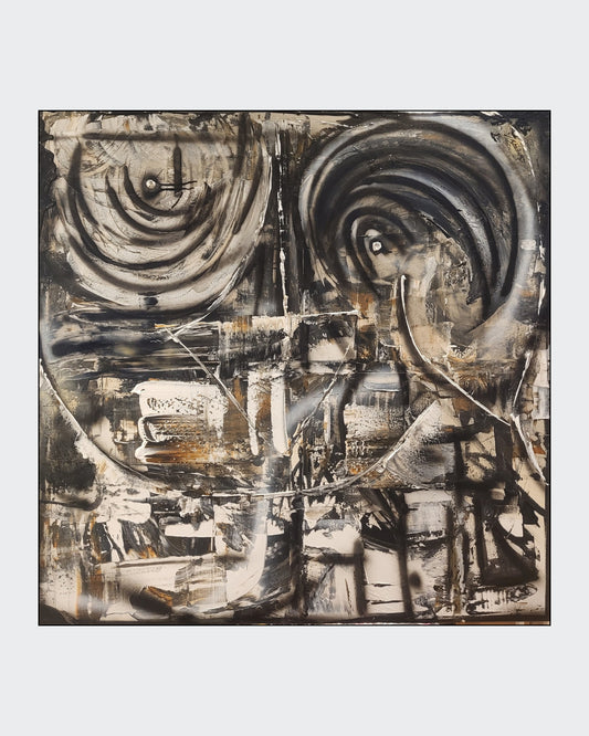 Quadratische Acryl-Mischtechnik „Die Perfektion in vielen Teilen“ von Sandra Conrad mit Kreisen, geometrischen Formen und Strukturen in Schwarz, Weiß und Gold.