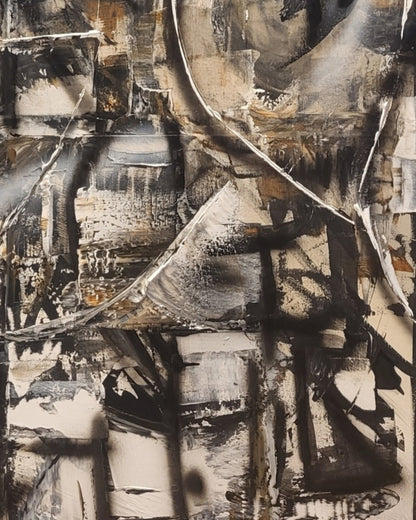 Quadratische Acryl-Mischtechnik „Die Perfektion in vielen Teilen“ von Sandra Conrad mit Kreisen, geometrischen Formen und Strukturen in Schwarz, Weiß und Gold.