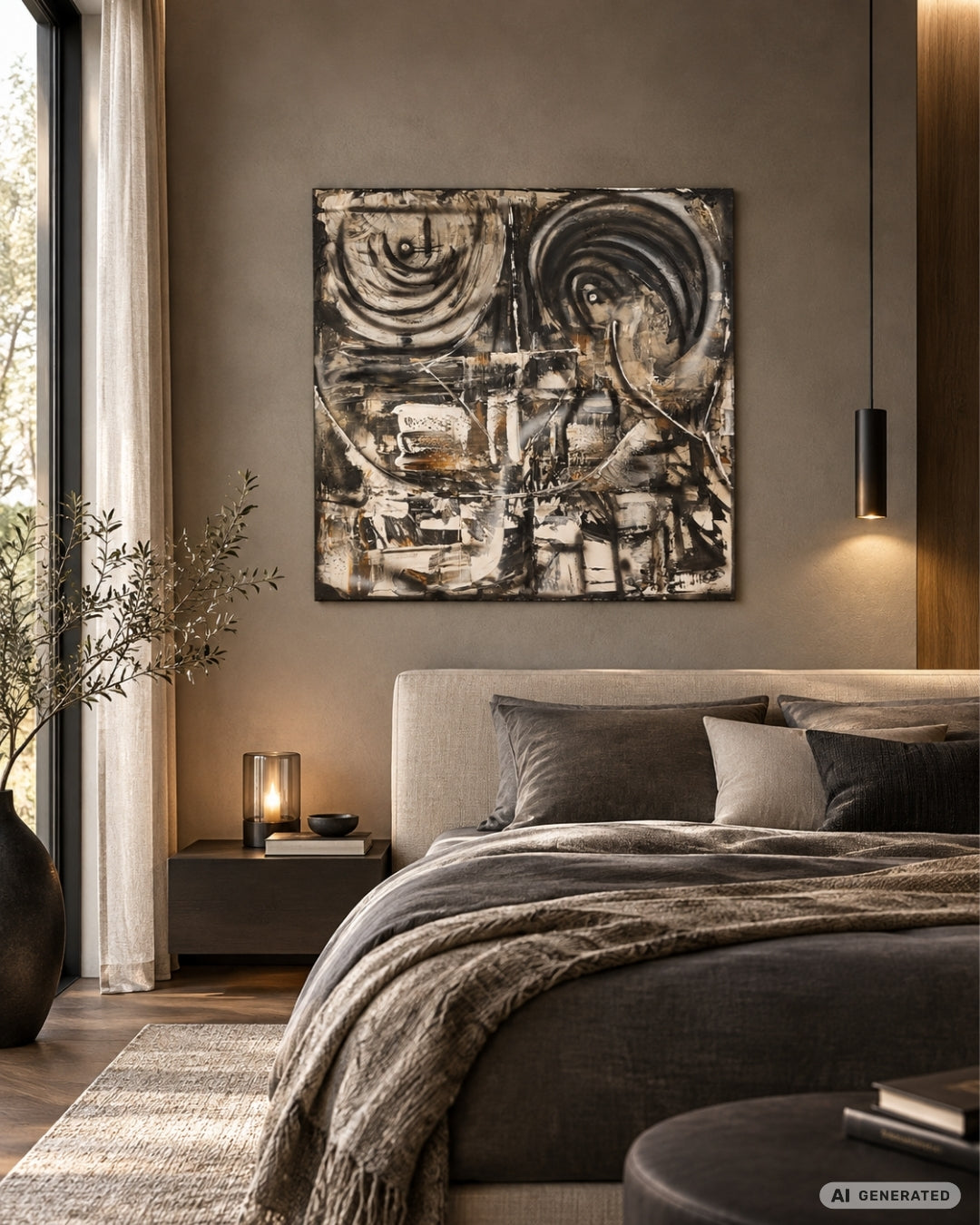 Quadratische Acryl-Mischtechnik „Die Perfektion in vielen Teilen“ von Sandra Conrad mit Kreisen, geometrischen Formen und Strukturen in Schwarz, Weiß und Gold.