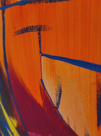 Abstraktes Acrylgemälde von Sandra Conrad im Hochformat mit leuchtenden Gelb-, Pink-, Orange- und Blautönen, gestischen Linien und dynamischen Farbflächen, Acryl auf Leinwand, 100 x 80 cm, ungerahmt.
