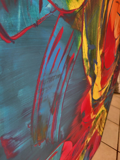 Abstraktes Acrylgemälde von Sandra Conrad im Hochformat mit leuchtenden Gelb-, Pink-, Orange- und Blautönen, gestischen Linien und dynamischen Farbflächen, Acryl auf Leinwand, 100 x 80 cm, ungerahmt.