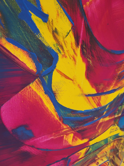 Abstraktes Acrylgemälde von Sandra Conrad im Hochformat mit leuchtenden Gelb-, Pink-, Orange- und Blautönen, gestischen Linien und dynamischen Farbflächen, Acryl auf Leinwand, 100 x 80 cm, ungerahmt.