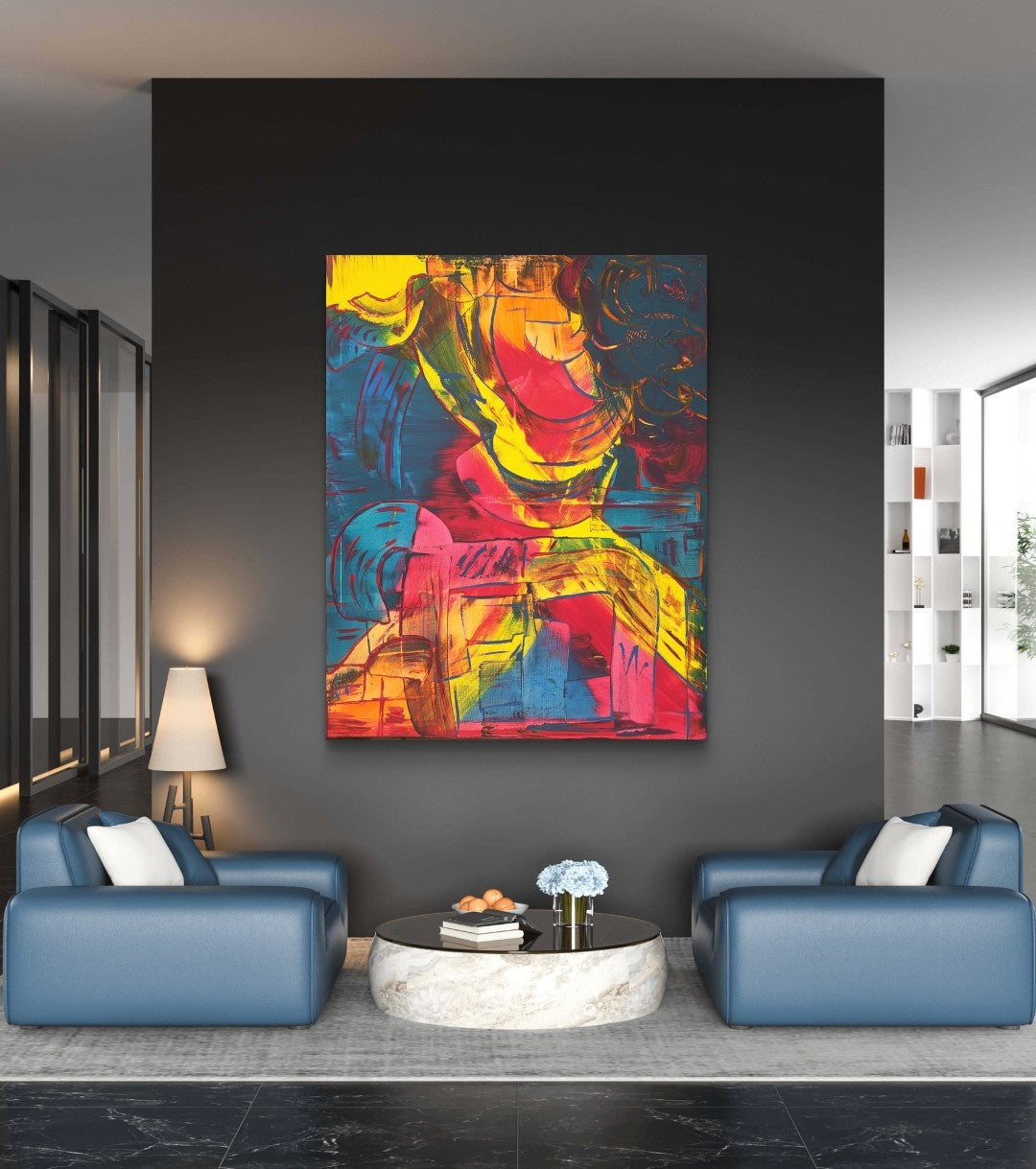 Abstraktes Acrylgemälde von Sandra Conrad im Hochformat mit leuchtenden Gelb-, Pink-, Orange- und Blautönen, gestischen Linien und dynamischen Farbflächen, Acryl auf Leinwand, 100 x 80 cm, ungerahmt.