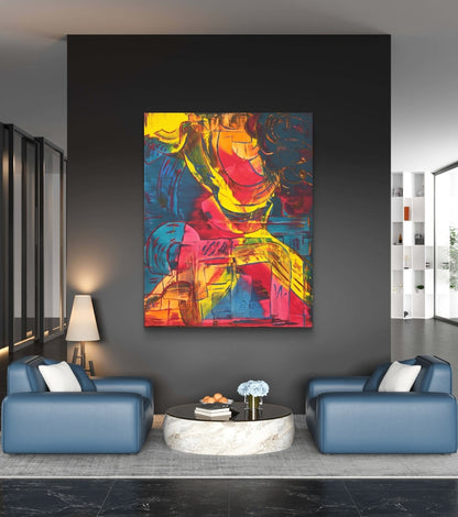 Abstraktes Acrylgemälde von Sandra Conrad im Hochformat mit leuchtenden Gelb-, Pink-, Orange- und Blautönen, gestischen Linien und dynamischen Farbflächen, Acryl auf Leinwand, 100 x 80 cm, ungerahmt.