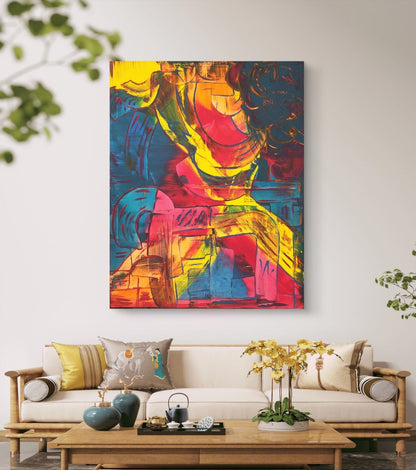 Abstraktes Acrylgemälde von Sandra Conrad im Hochformat mit leuchtenden Gelb-, Pink-, Orange- und Blautönen, gestischen Linien und dynamischen Farbflächen, Acryl auf Leinwand, 100 x 80 cm, ungerahmt.