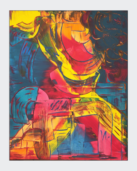 Abstraktes Acrylgemälde von Sandra Conrad im Hochformat mit leuchtenden Gelb-, Pink-, Orange- und Blautönen, gestischen Linien und dynamischen Farbflächen, Acryl auf Leinwand, 100 x 80 cm, ungerahmt.