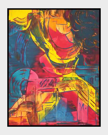 Abstraktes Acrylgemälde von Sandra Conrad im Hochformat mit leuchtenden Gelb-, Pink-, Orange- und Blautönen, gestischen Linien und dynamischen Farbflächen, Acryl auf Leinwand, 100 x 80 cm, ungerahmt.