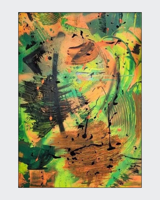 Abstraktes Acrylgemälde "Dschungel" von Sandra Conrad im schwarzen Rahmen. Die Komposition ist hochformatig und sehr dynamisch, dominiert von leuchtenden Grün-, Gelb- und Orangetönen, die von breiten, schwarzen Pinselstrichen und Farbspritzern überlagert werden.