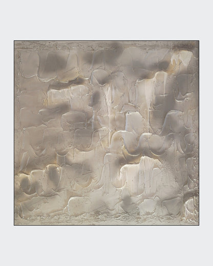 Quadratisches Strukturgemälde „Eiszeit, Die Eleganz des Ewigen“ von Sandra Conrad mit plastischen Flächen in Silber, Anthrazit, Weiß und kühlen Grautönen.