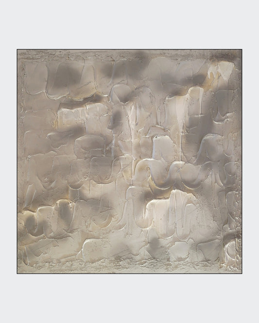 Quadratisches Strukturgemälde „Eiszeit, Die Eleganz des Ewigen“ von Sandra Conrad mit plastischen Flächen in Silber, Anthrazit, Weiß und kühlen Grautönen.
