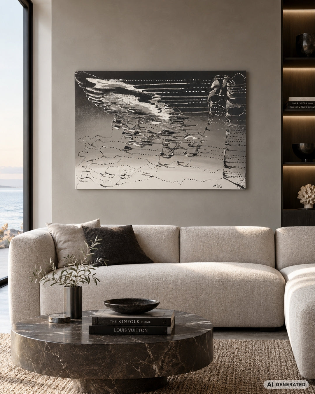 Abstrakte Acrylmalerei „Free Together“ von Sandra Conrad mit zwei hellen plastischen Formen, dunklen Akzenten, Goldtönen und feinen Punktlinien.