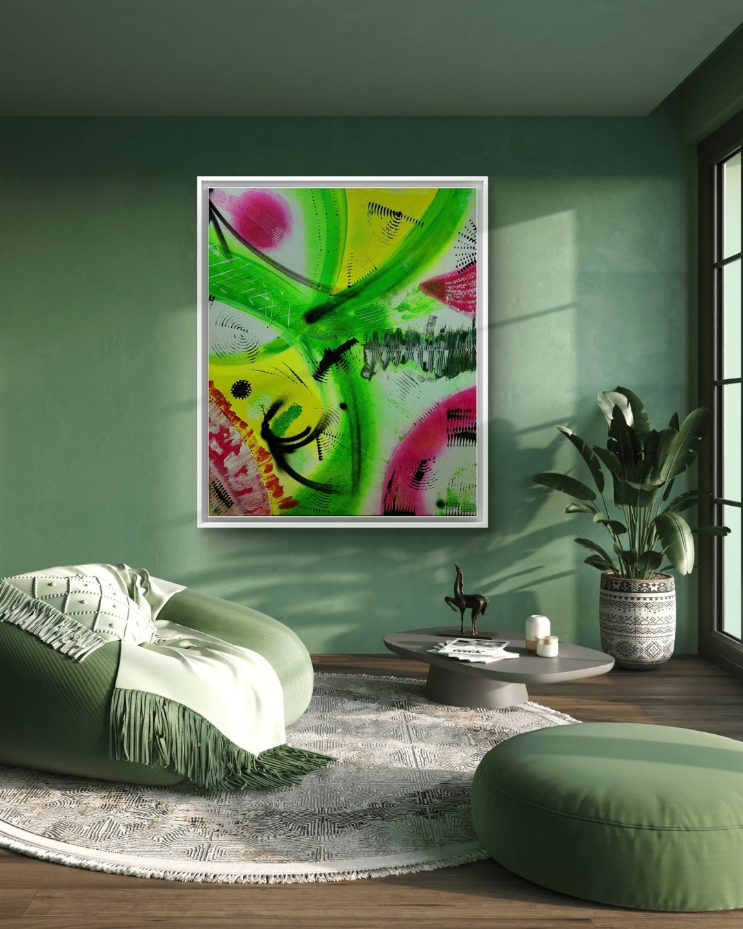 Großformatige abstrakte Acrylmalerei „Fruit“ von Sandra Conrad mit organischen Formen und dynamischen Pinselzügen in Grün, Gelb, Pink und Schwarz.