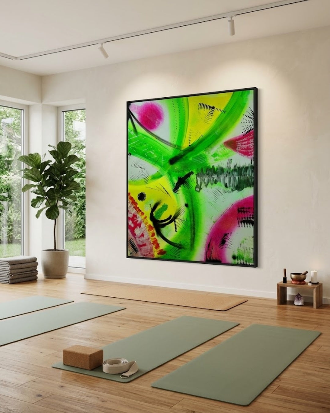 Großformatige abstrakte Acrylmalerei „Fruit“ von Sandra Conrad mit organischen Formen und dynamischen Pinselzügen in Grün, Gelb, Pink und Schwarz.