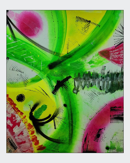 Großformatige abstrakte Acrylmalerei „Fruit“ von Sandra Conrad mit organischen Formen und dynamischen Pinselzügen in Grün, Gelb, Pink und Schwarz.