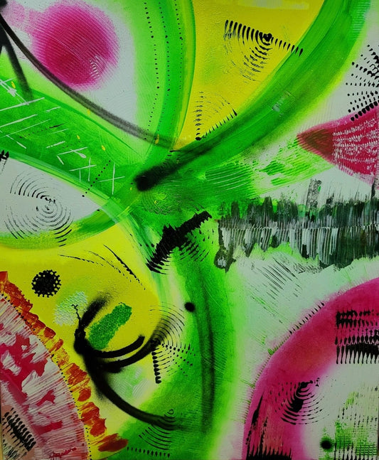 Großformatige abstrakte Acrylmalerei „Fruit“ von Sandra Conrad mit organischen Formen und dynamischen Pinselzügen in Grün, Gelb, Pink und Schwarz.