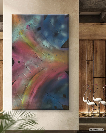 Großformatige Acrylmalerei „Geheimnisvolle Ebenen“ von Sandra Conrad mit Kosmosblau, Türkis, Pink, Weiß und kühlen Steel-Akzenten.