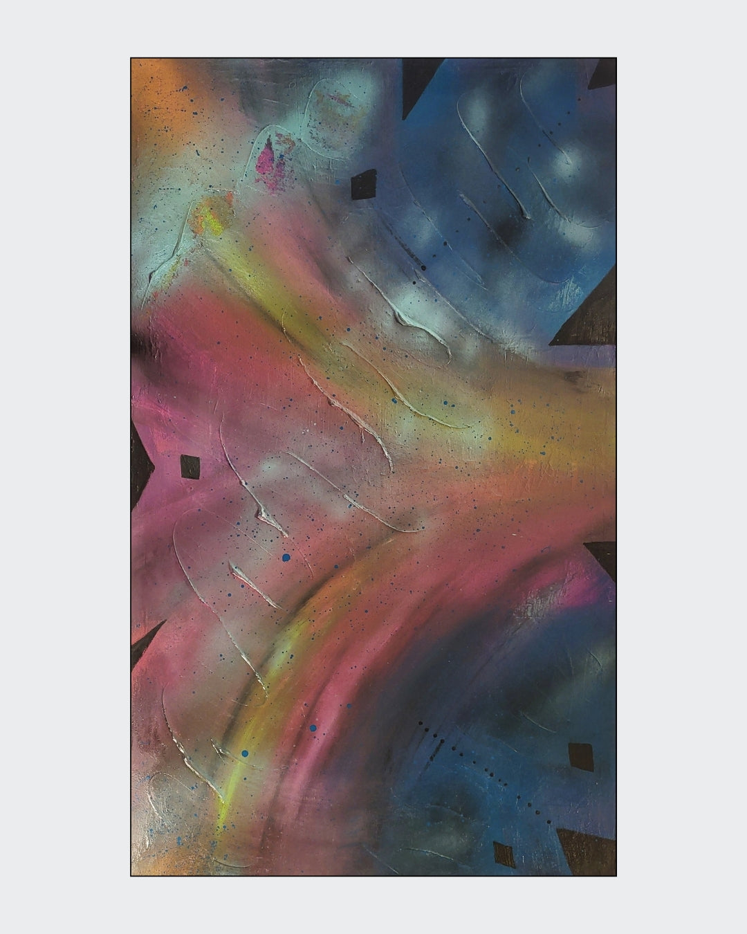 Großformatige Acrylmalerei „Geheimnisvolle Ebenen“ von Sandra Conrad mit Kosmosblau, Türkis, Pink, Weiß und kühlen Steel-Akzenten.