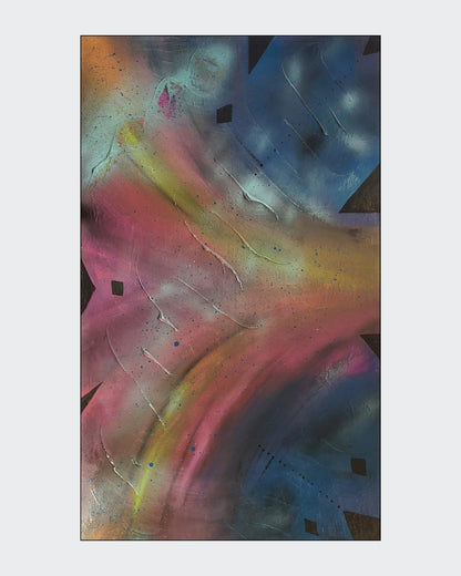 Großformatige Acrylmalerei „Geheimnisvolle Ebenen“ von Sandra Conrad mit Kosmosblau, Türkis, Pink, Weiß und kühlen Steel-Akzenten.