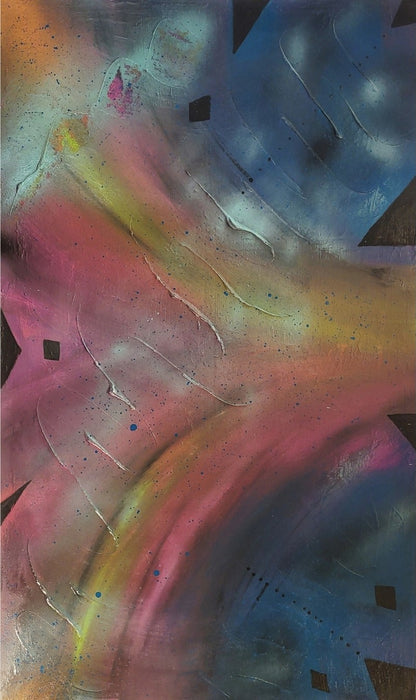 Großformatige Acrylmalerei „Geheimnisvolle Ebenen“ von Sandra Conrad mit Kosmosblau, Türkis, Pink, Weiß und kühlen Steel-Akzenten.