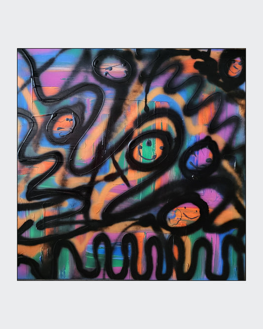 Abstraktes Acrylgemälde "Glückliche Emotionen Impression" von Sandra Conrad im Street-Art-Stil. Der Hintergrund ist eine Mischung aus bunten Strichen in Blau, Orange, Grün und Lila. Darüber liegen dicke, schwarze, gewellte Linien und einfache, lachende Gesichter.