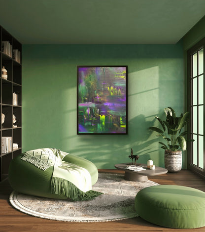 Abstraktes Gemälde von Sandra Conrad mit leuchtenden Grün-, Violett- und Gelbtönen sowie grauen und dunklen Farbschichten, Acryl auf Leinwand im Hochformat 80 x 60 cm, inkl. schwarzem Rahmen.